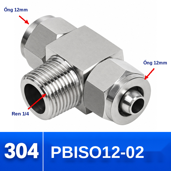 Đầu nối chữ T Inox 304 2 đầu siết ống 12 mm và 1 đầu ren ngoài 1/4