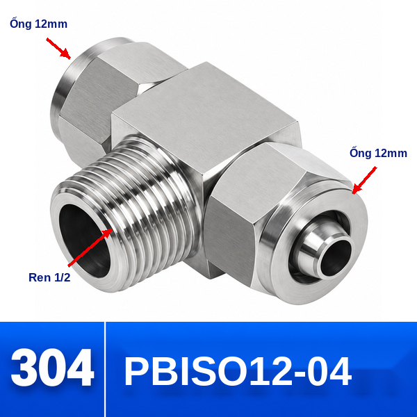 Đầu nối chữ T Inox 304 2 đầu siết ống 12 mm và 1 đầu ren ngoài 1/2