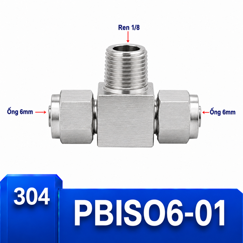 Đầu nối chữ T Inox 304 2 đầu siết ống 6 mm và 1 đầu ren ngoài 1/8