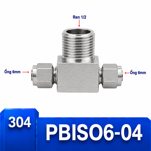 Đầu nối chữ T Inox 304 2 đầu siết ống 6 mm và 1 đầu ren ngoài 1/2