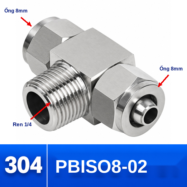 Đầu nối chữ T Inox 304 2 đầu siết ống 8 mm và 1 đầu ren ngoài 1/4