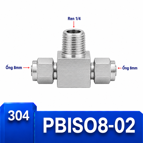Đầu nối chữ T Inox 304 2 đầu siết ống 8 mm và 1 đầu ren ngoài 1/4