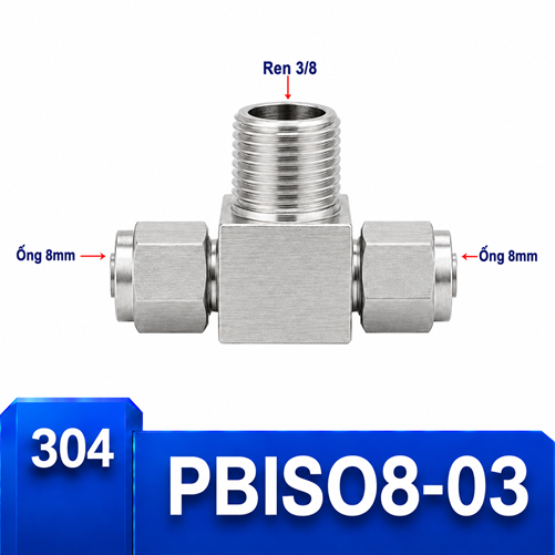 Đầu nối chữ T Inox 304 2 đầu siết ống 8 mm và 1 đầu ren ngoài 3/8