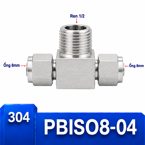 Đầu nối chữ T Inox 304 2 đầu siết ống 8 mm và 1 đầu ren ngoài 1/2