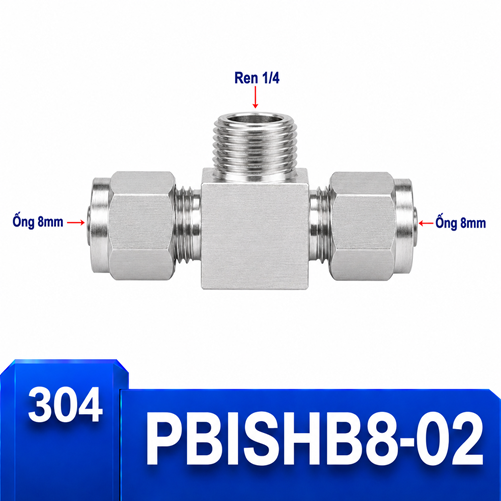 Đầu nối chữ T Inox 304 2 đầu siết hạt bắp ống 8 mm và 1 đầu ren ngoài 1/4