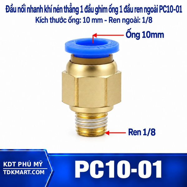 Đầu nối nhanh khí nén thẳng ống 10- Ren ngoài 1/8