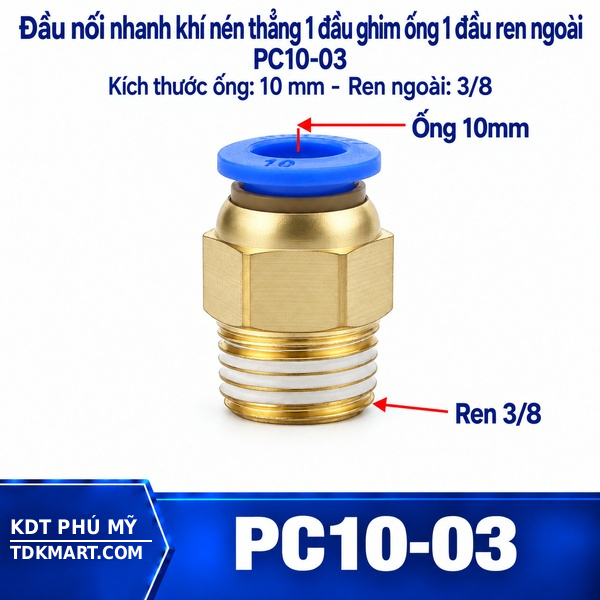 Đầu nối nhanh khí nén thẳng ống 10- Ren ngoài 3/8