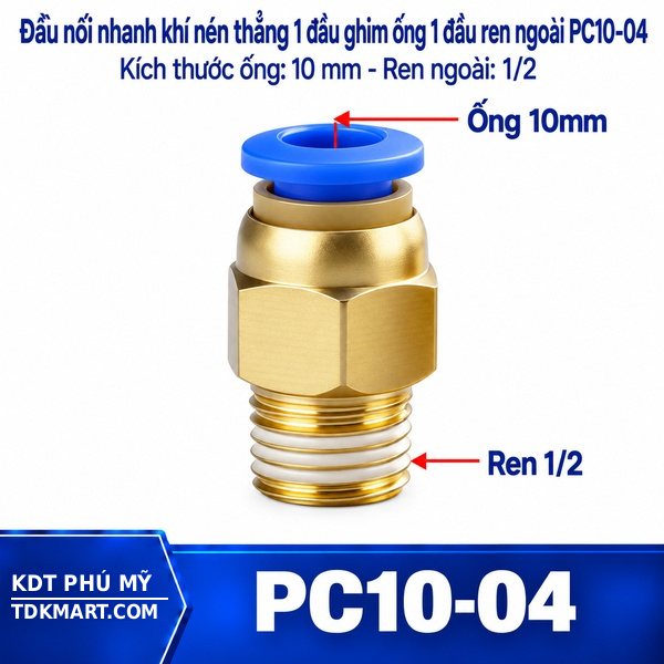Đầu nối nhanh khí nén thẳng ống 10- Ren ngoài 1/2