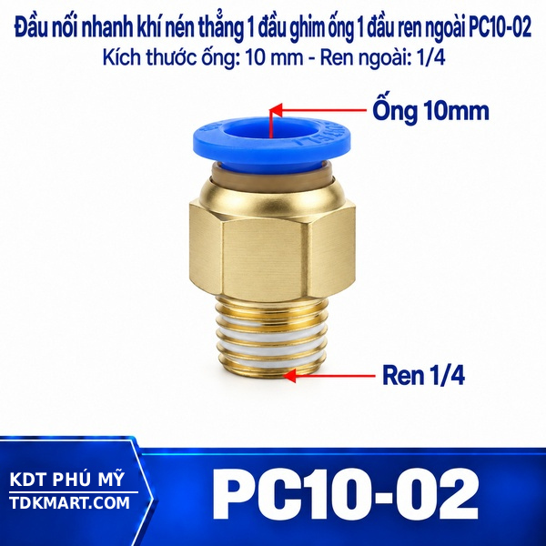 Đầu nối nhanh khí nén thẳng ống 10- Ren ngoài 1/4