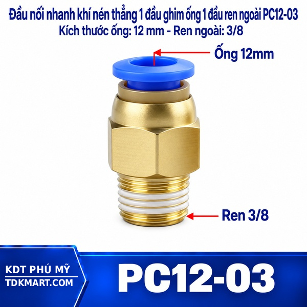 Đầu nối nhanh khí nén thẳng ống 12- Ren ngoài 3/8