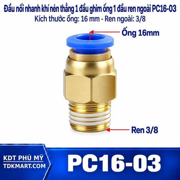 Đầu nối nhanh khí nén thẳng ống 16- Ren ngoài 3/8