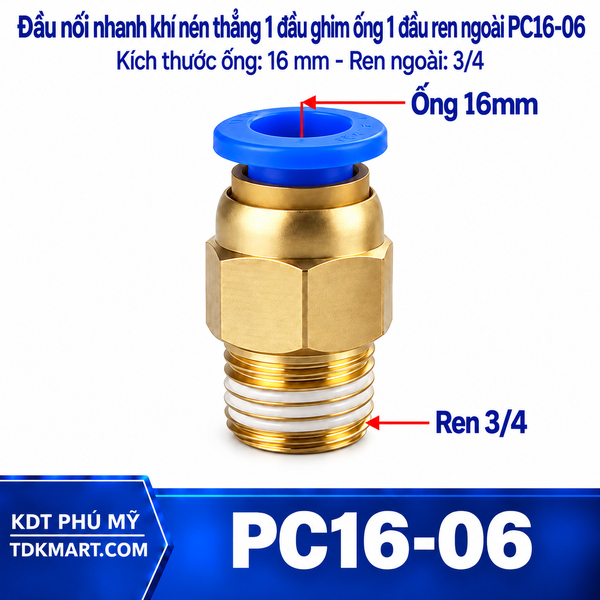 Đầu nối nhanh khí nén thẳng ống 16- Ren ngoài 3/4