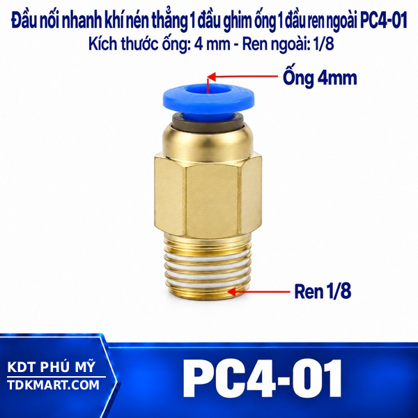 Đầu nối nhanh khí nén thẳng ống 4- Ren ngoài 1/8