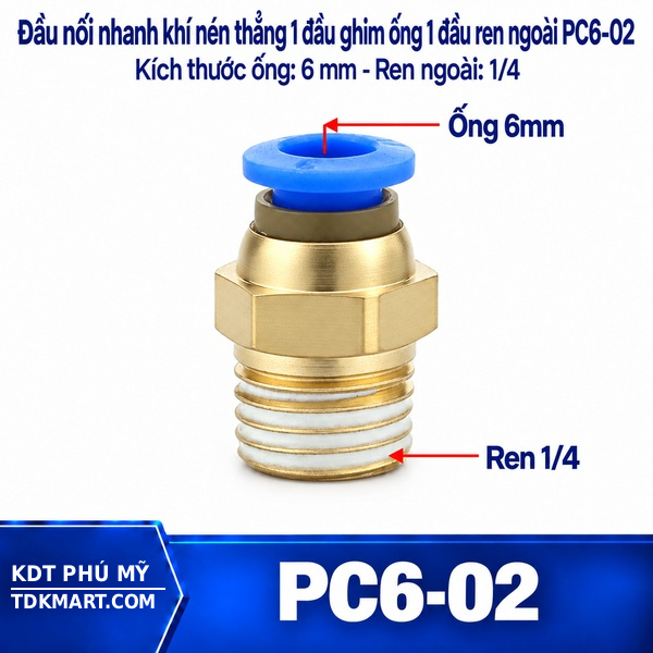 Đầu nối nhanh khí nén thẳng ống 6- Ren ngoài 1/4