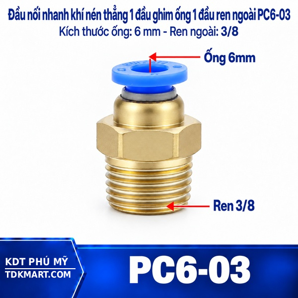 Đầu nối nhanh khí nén thẳng ống 6- Ren ngoài 3/8