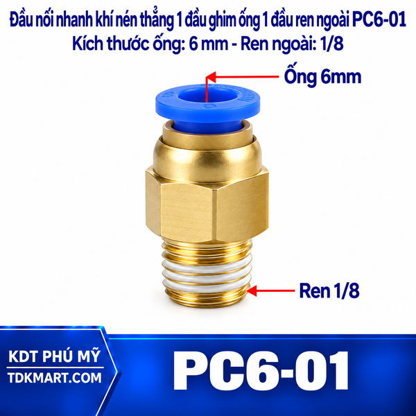 Đầu nối nhanh khí nén thẳng ống 6- Ren ngoài 1/8
