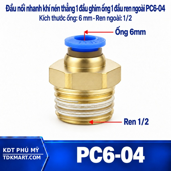 Đầu nối nhanh khí nén thẳng ống 6- Ren ngoài 1/2