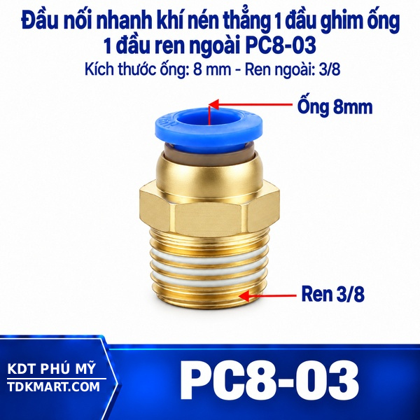 Đầu nối nhanh thẳng ống 8- Ren ngoài 3/8