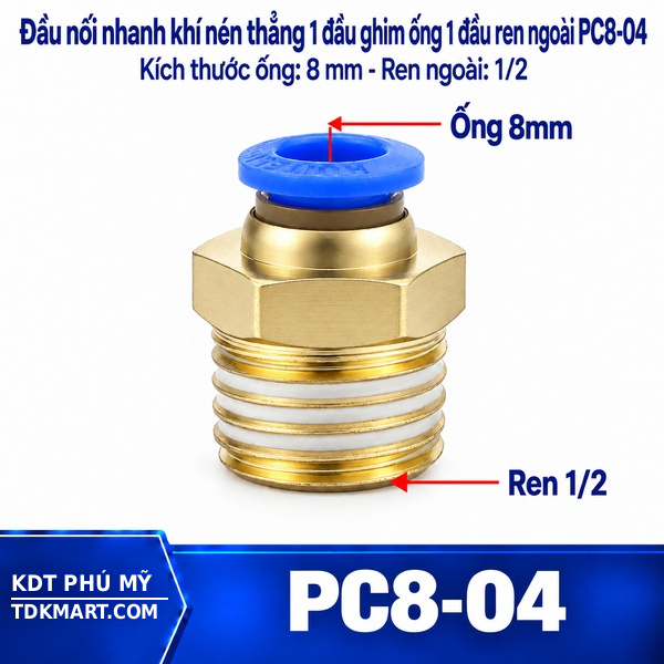 Đầu nối nhanh khí nén thẳng ống 8 - Ren ngoài 1/2