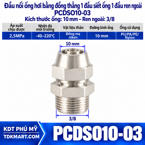 Đầu nối ống hơi thẳng bằng đồng 1 đầu siết ống 10 mm 1 đầu ren ngoài 3/8