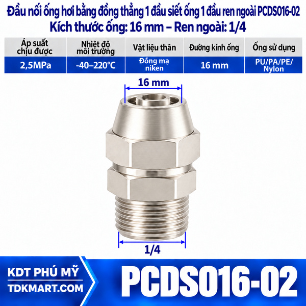 Đầu nối ống hơi thẳng bằng đồng 1 đầu siết ống 16 mm 1 đầu ren ngoài 1/4