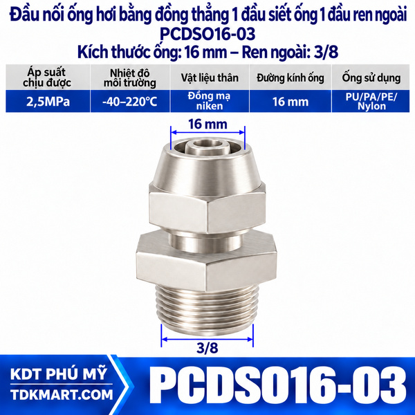 Đầu nối ống hơi thẳng bằng đồng 1 đầu siết ống 16 mm 1 đầu ren ngoài 3/8