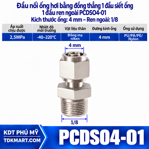 Đầu nối ống hơi thẳng bằng đồng 1 đầu siết ống 4 mm 1 đầu ren ngoài 1/8