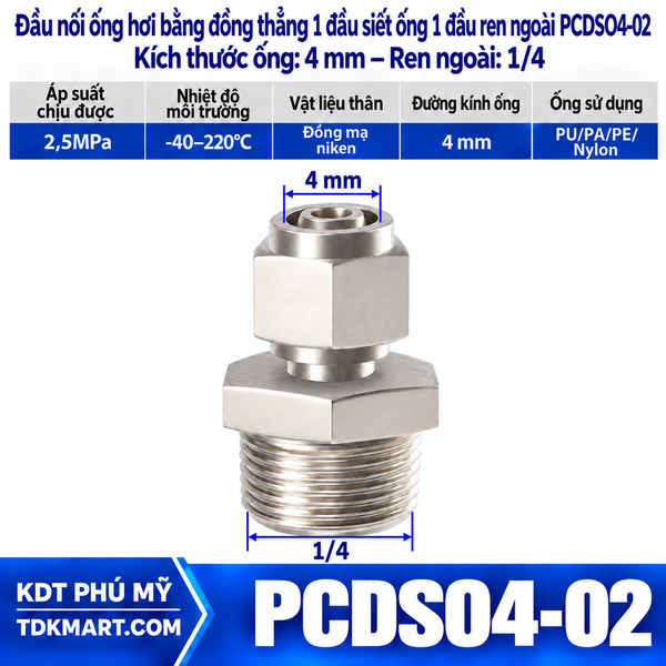 Đầu nối ống hơi thẳng bằng đồng 1 đầu siết ống 4 mm 1 đầu ren ngoài 1/4