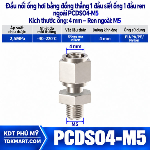 Đầu nối ống hơi thẳng bằng đồng 1 đầu siết ống 4 mm 1 đầu ren ngoài M5