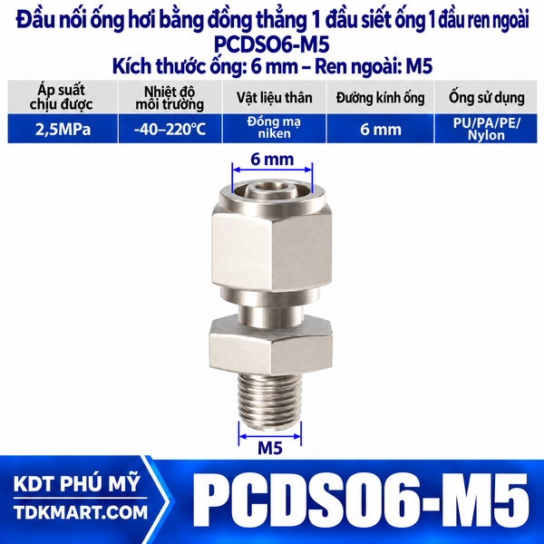Đầu nối ống hơi thẳng bằng đồng 1 đầu siết ống 6 mm 1 đầu ren ngoài M5