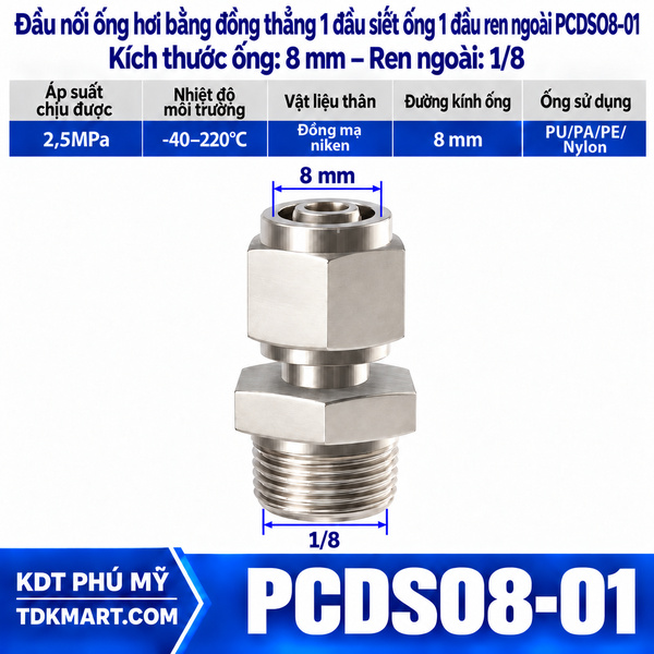 Đầu nối ống hơi thẳng bằng đồng 1 đầu siết ống 8 mm 1 đầu ren ngoài 1/8