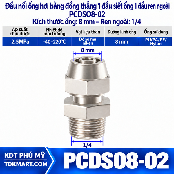 Đầu nối ống hơi thẳng bằng đồng 1 đầu siết ống 8 mm 1 đầu ren ngoài 1/4