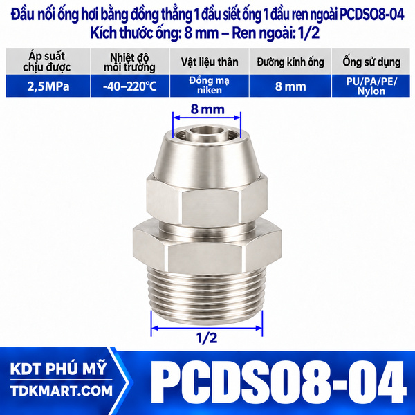 Đầu nối ống hơi thẳng bằng đồng 1 đầu siết ống 8 mm 1 đầu ren ngoài 1/2