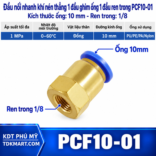 Đầu nối nhanh khí nén thẳng ống 10- Ren trong 1/8