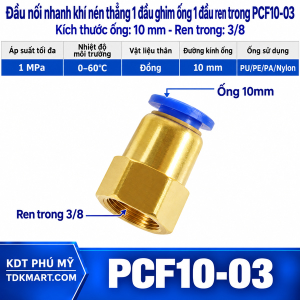 Đầu nối nhanh khí nén thẳng ống 10- Ren trong 3/8