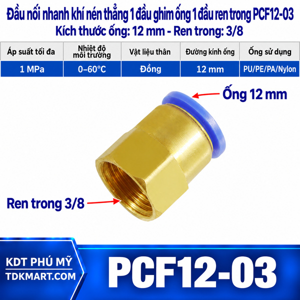 Đầu nối nhanh khí nén thẳng ống 12- Ren trong 3/8
