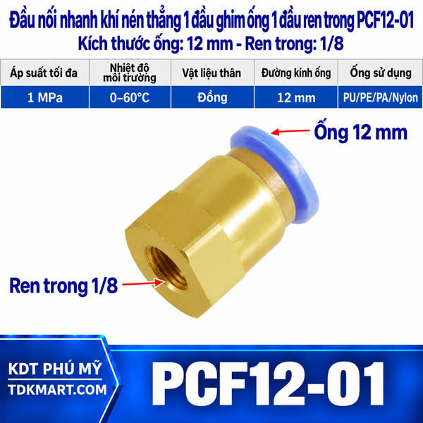 Đầu nối nhanh khí nén thẳng ống 12- Ren trong 1/8