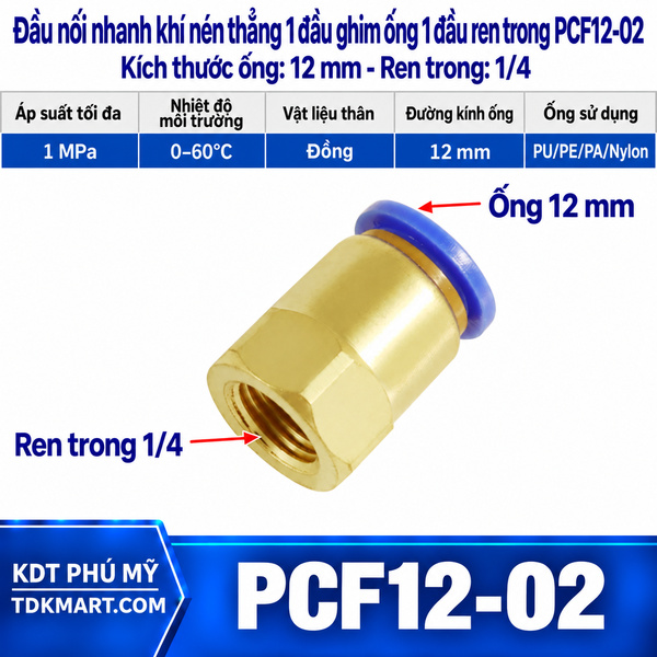 Đầu nối nhanh khí nén thẳng ống 12- Ren trong 1/4