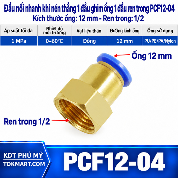 Đầu nối nhanh khí nén thẳng ống 12- Ren trong 1/2
