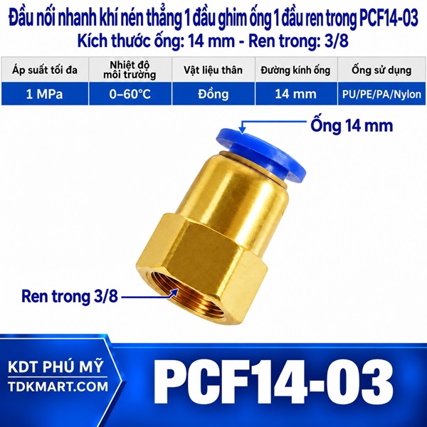 Đầu nối nhanh khí nén thẳng ống 14- Ren trong 3/8
