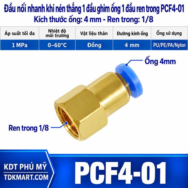 Đầu nối nhanh khí nén thẳng ống 4- Ren trong 1/8