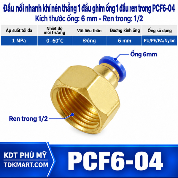 Đầu nối nhanh khí nén thẳng ống 6- Ren trong 1/2