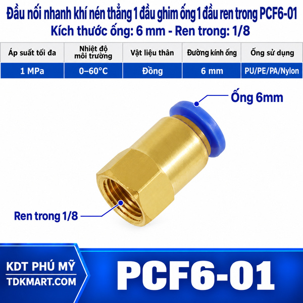Đầu nối nhanh khí nén thẳng ống 6- Ren trong 1/8
