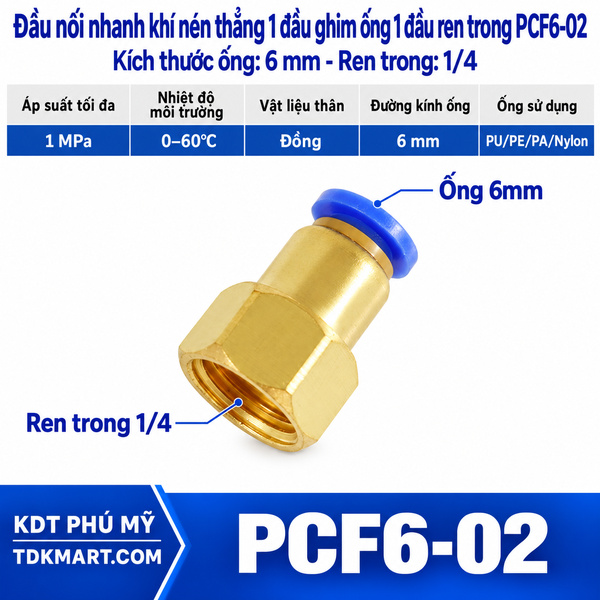 Đầu nối nhanh khí nén thẳng ống 6- Ren trong 1/4