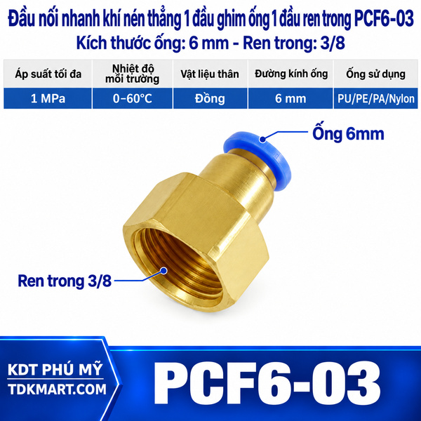 Đầu nối nhanh khí nén thẳng ống 6- Ren trong 3/8