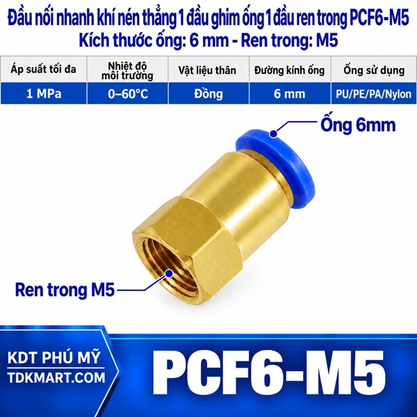 Đầu nối nhanh khí nén thẳng ống 6- Ren trong M5