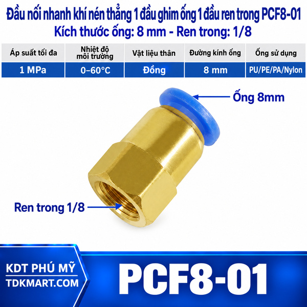 Đầu nối nhanh thẳng ống 8- Ren trong 1/8