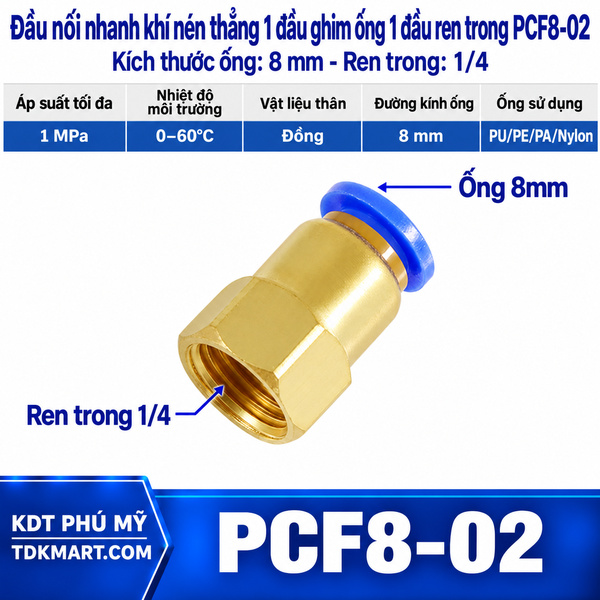 Đầu nối nhanh thẳng ống 8- Ren trong 1/4