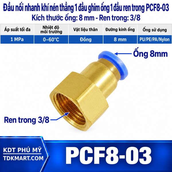 Đầu nối nhanh thẳng ống 8- Ren trong 3/8