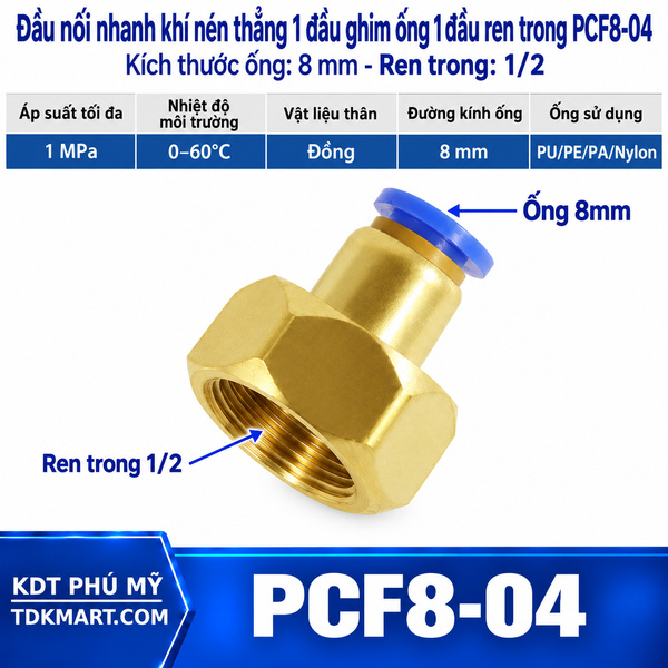 Đầu nối nhanh thẳng ống 8- Ren trong 1/2